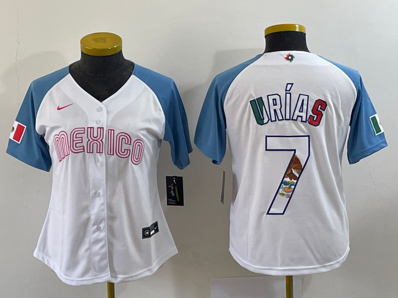 Women's White Blue Mexico Baseball #7 Julio Urías 2023 World Baseball Classic Stitched Jersey(Run Small)